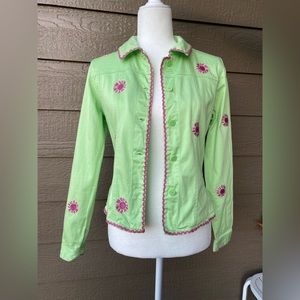 Bamboo Traders Blazer Lime Green / Pink Embroidery Flowers - Unlined - Sz Medium
